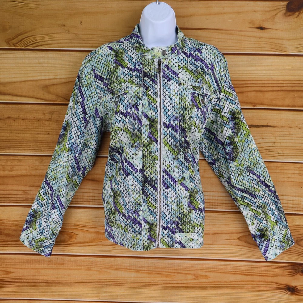 Chico's Full Zip Jacket Womens Sz 3 Multicolor Animal Print Cotton Blend Pockets